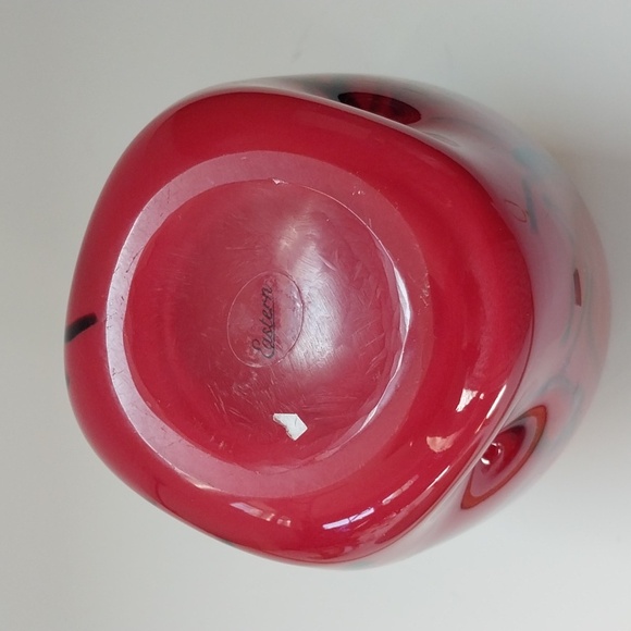 Eastern Art Glass Blown Red & White Cased Vase with Black/Yellow Abstract Design - Picture 5 of 8